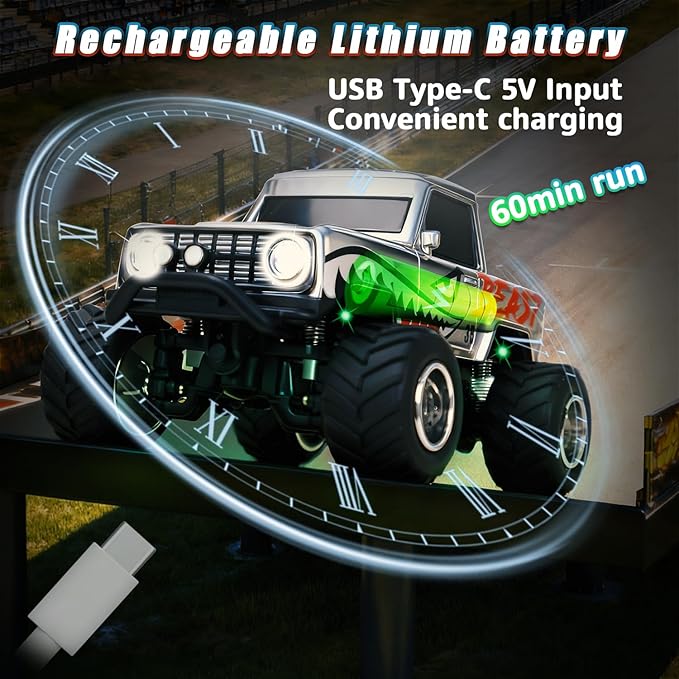 1:64 Grey RC Cars for Kids Toys, 2.4Ghz Remote and APP Control, Mini Alloy Truck Car with Cool Light and USB-C Recharging, Speed Adjustable Steering Easy to Operate, Gift for Children, Boys, Girls