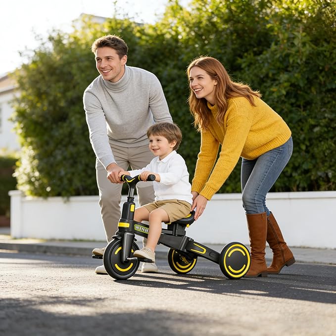 WinHope 9-in-1 Push Tricycle for Toddlers 1-3 Years, Convertible Kids Trike with Push Handle & Safety Belt, One-Client Foldable Design + Storage Basket, Birthday Gift and Toy for Boys and Girls(Black)