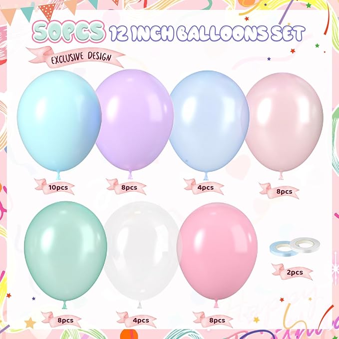 Pastel Mermaid Balloons, 50pcs 12 Inch Pink Purple Teal Blue Pearl Pastel Clear Macaron Balloons for Princess Women Girl Ocean Theme Birthday Summer Pool Party Baby Shower Under The Sea Decorations