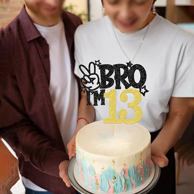 1 PCS Brother I'm 13 Cake Topper Glitter Star Happy 13th Birthday Cake Pick Bro I'm 13 Cake Decoration It's My 13th Birthday Decorations for Boys Cheers to 13 Years Old Birthday Party Supplies Gold