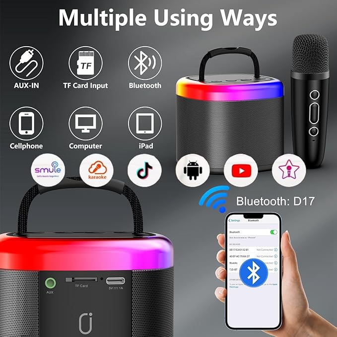 Mini Karaoke Machine for Kids: Portable Bluetooth Speaker with Wireless Microphone for Kids & Adults - Ideal Christmas Easter Birthday Gift Music Toys for Girls Boys Aged 4 5 6 7 8 9 10 11 12+