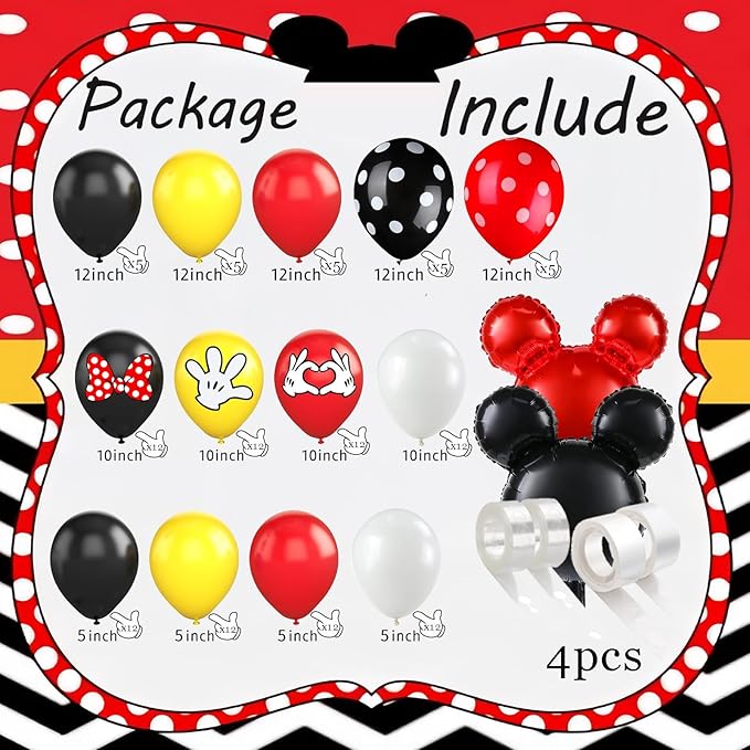 125 Pcs Black Red Yellow Balloon Garland Arch Kit, For Cartoon Birthday Decorations Themed Cute Mini Mouse Party Decorations Girls Kids Gatherings Party Supplies