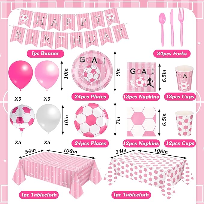 Zhehao 143 Pcs Pink Soccer Birthday Decorations Party Supplies Serves 24 Include Soccer Themed Plate Fork Napkin Cup Banner Balloon Tablecloth for Sports Theme Birthday Party Favor