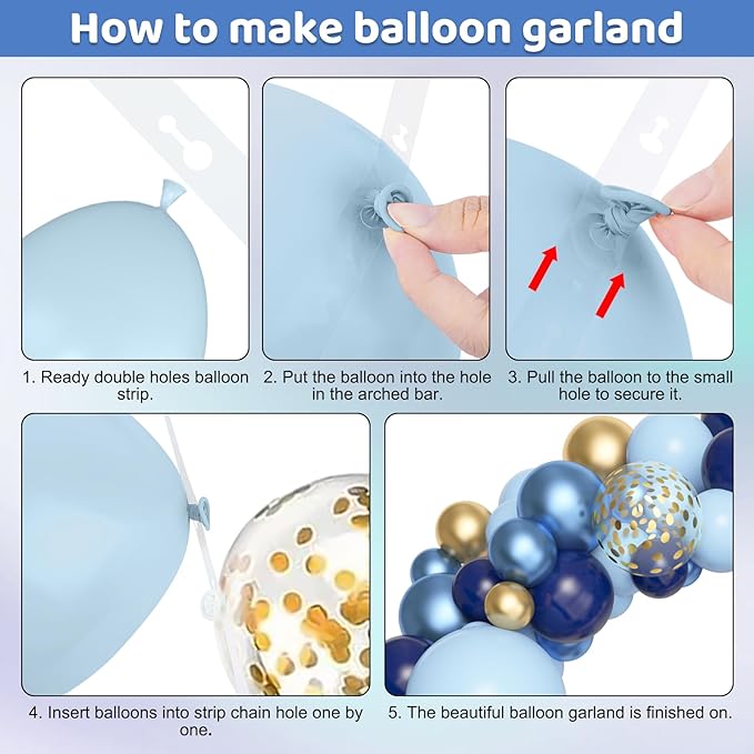 Amandir 153pcs Navy Blue Gold Balloon Garland Arch Kit, Different Sizes 18 12 10 5 inch Pastel Blue Latex Metallic Confetti Balloons for Boys Graduation Birthday Party Ocean Baby Shower Decoration