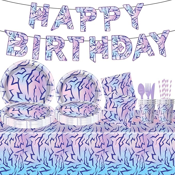 104pcs Purple Demon Birthday Tableware, Hunters Party Character Supplies Set Include Banner,Plates Napkins Cups Knives Spoons Forks Straw Tablecloth Boys Girls Movie Theme Party
