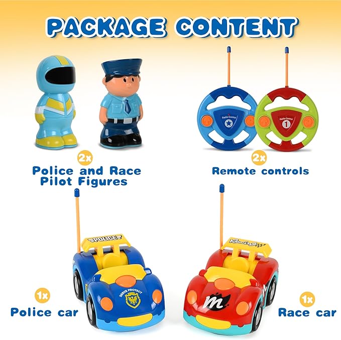 Haktoys Remote Control Cars for Toddlers, 2 Pack Police & Race Car Toy Set with Different Frequency for 2 Player Racing, Toddler Remote Control Car Toys for Boys and Girls