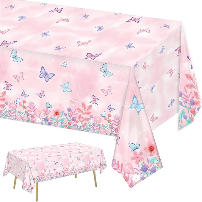 3 Pack Butterfly Tablecloth Disposable Plastic Table Covers for Girls Kids Birthday Party Decorations, 108 x 54 Inch