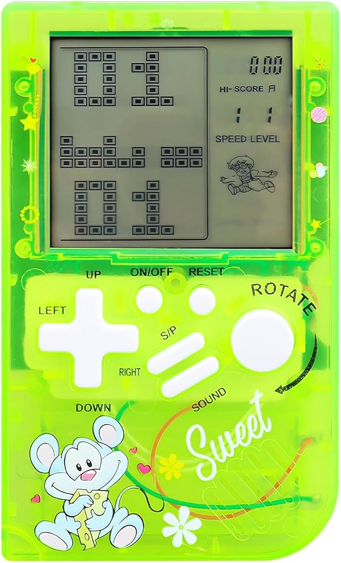 Kids Brick Game Console Small Portable Transparent Body Built-in 23 Retro Blocks Games Adjustable Difficulty/Speed Powered by 2 AAA Batteries Kids/Students Birthday Toys (Green)