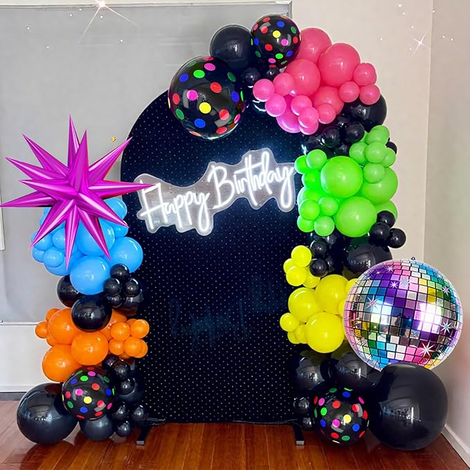 Neon Balloons, 80s 90s Disco Hot Pink Blue Green Orange Yellow Neon Dot Balloons with Star and Disco Ball Foil Balloons for 80s 90s Rock Theme Diso Party Decorations