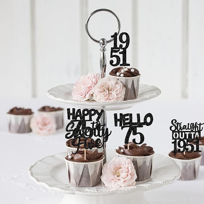 30PCS Black 75th Birthday Cupcake Toppers Glitter Seventy Five Happy 75th Straight Outta 1951 Cupcake Picks for Cheers to 75 Years Birthday Anniversary Party Cake Decorations Supplies
