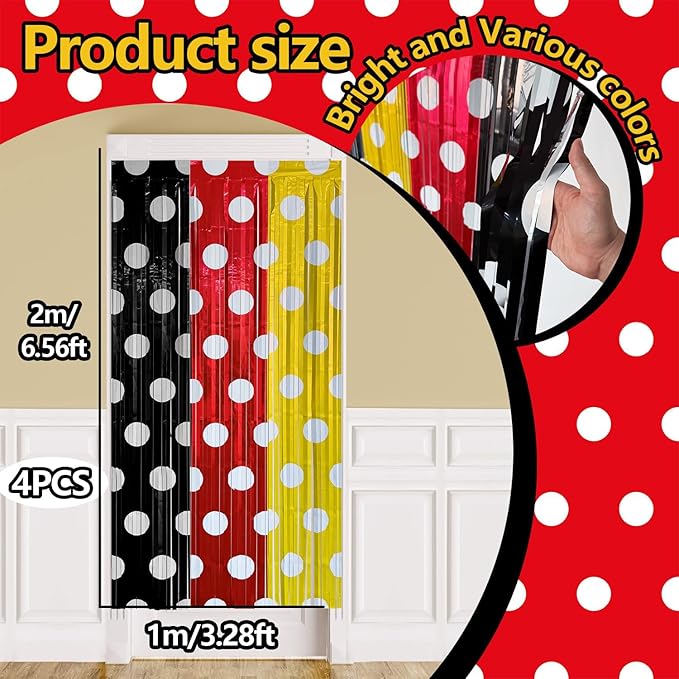 4 Pack Black Red Yellow Foil Fringe Curtains Birthday Decorations, 3.2x6.6ft Mouse Color Door Streamers Backdrop Cartoon Mouse Baby Shower Birthday Party Decorations Supplies