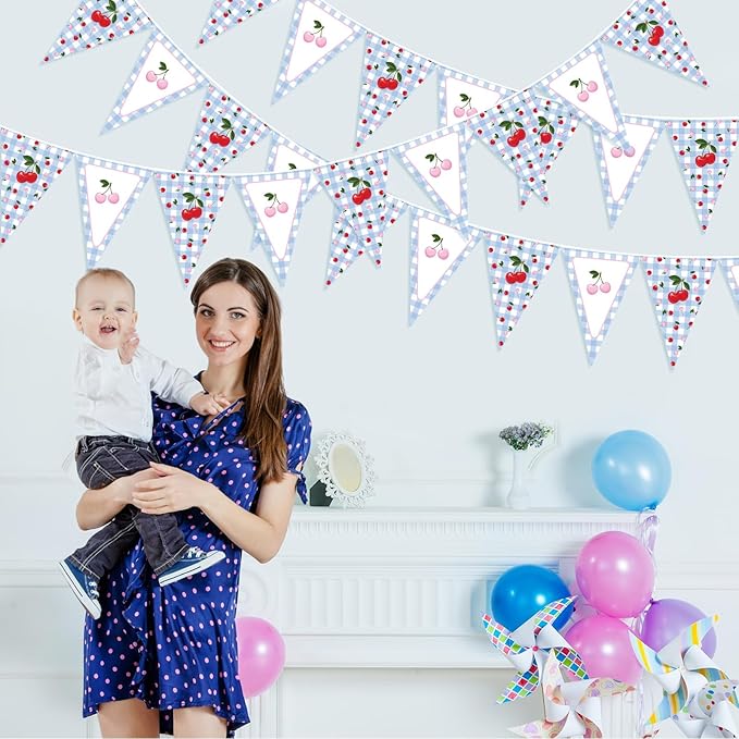 Jetec 49ft Cherry and Blue Gingham Party Decorations Blue and White Plaid Checkered Pennant Banner Gingham Bunting Flag Garlands for Cherry on Top Baby Shower Bachelorette Birthday Party Decors