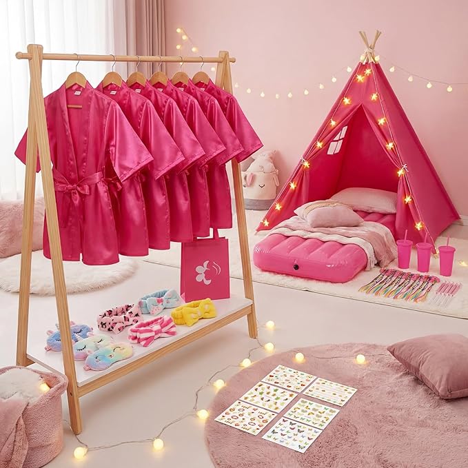 6 Set Sleepovers Teepee Tents Spa Party Robes Supplies Bulk with Inflatable Airbed and Light String, Party Supplies for Birthday Movie Spa Favors Gifts Indoor Outdoor (6 Rose Red)