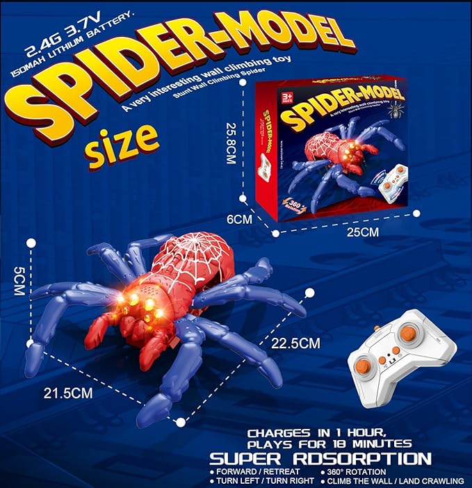 Remote Control Tarantula Indoor Wall Toys, Rechargeable Wall Climbing Spider, Kids Toys for Boys & Girls Ages 3 & Up (Red)