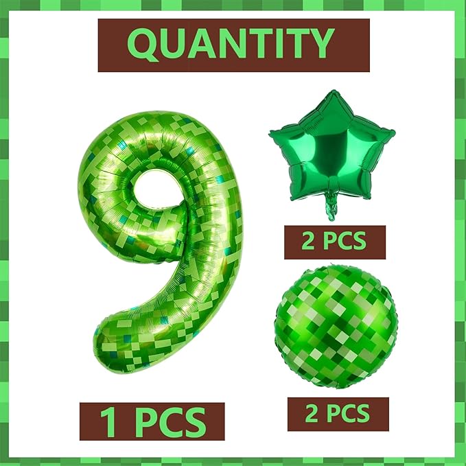 40 Inch Green Pixel Miner Number 9 Foil Balloon Set 5Pcs Large Mylar Mining Theme 9th Number Balloons Pixel Cubes Video Game Birthday Party Decorations