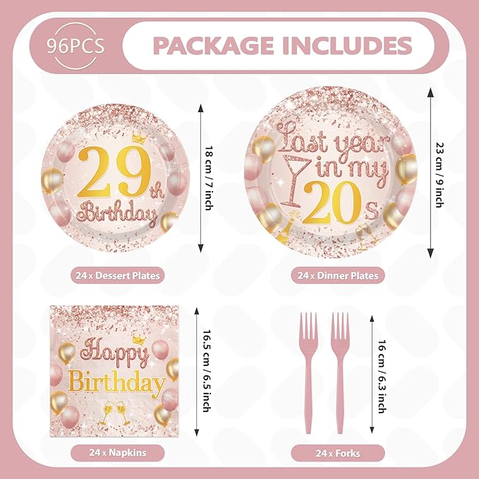 96Pcs 29th Birthday Party Decorations for Women Rose Gold 29th Birthday Plates and Napkins Last Year In My 20s Decorations for Women Lady Her Cheers to 29 Years & 29 Fabulous Party Supplies Serves 24