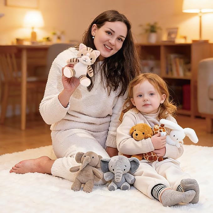 6 Pcs Stuffed Animals Bulk, 8 Inch Small Stuffed Safari Animals, Zoo Stuffed Animals Set (Cat Dog Elephants Giraffe Bunny) Baby Shower Party Decor, Easter Gift for Classroom Kids, Teens, Girls
