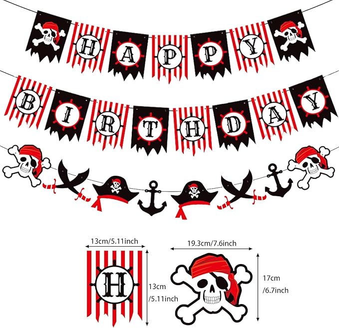 Zwiebeco Red Black White Pirate Happy Birthday Banner Bunting Garland Sign for Boys Girls Kids Teenagers Mens Womens Adults Sea Rover Themed Party Decorations Supplies