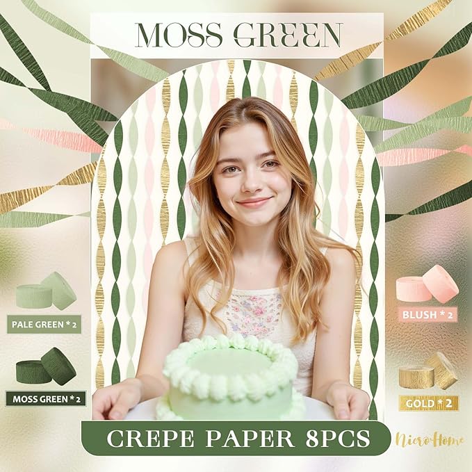 NICROHOME EUR Wedding Party Decorations, 8 Rolls Moss Sage Green Pink Crepe Paper Streamers for Boho Baby Shower, Wedding, Engagement Party, Spring Party, Birthday Party Supplies, 82 ft Long