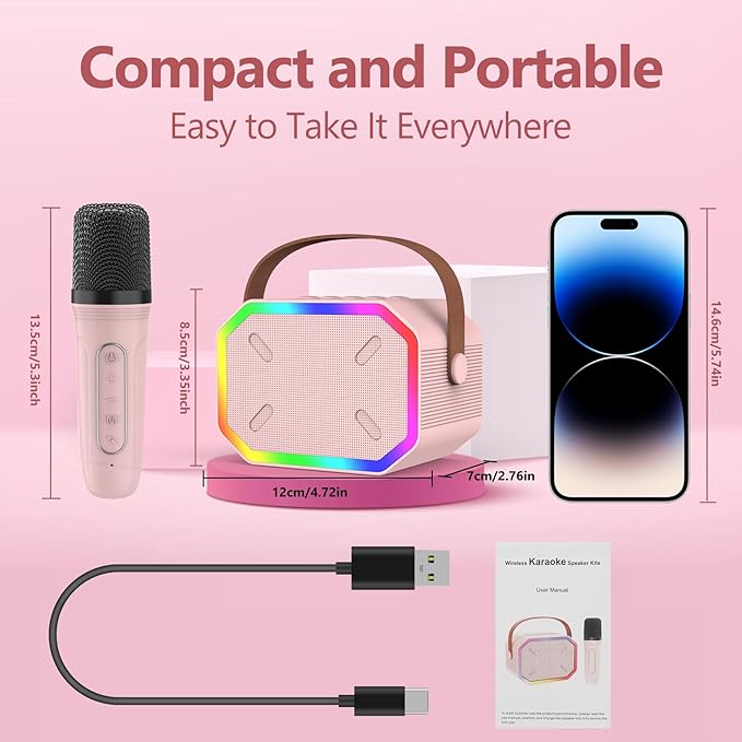 Karaoke Machine for Kids, Portable Bluetooth Speakers with Wireless Microphone Karaoke for Kids and Adults with LED Lights, Gifts for Girls and Boys Birthday Home Party - Pink