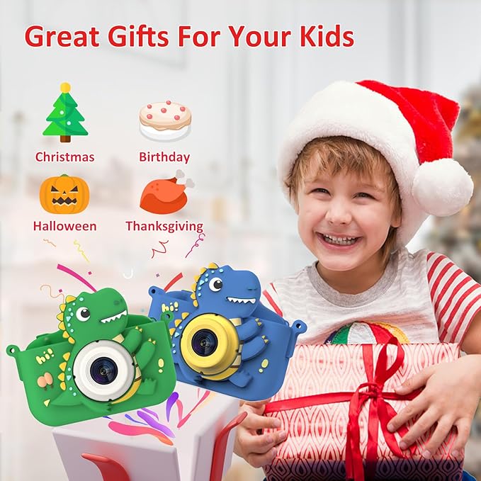 Dinosaur Kids Camera, HD Selfie Toddler Camera, Christmas Birthday Toys for Boys Girls Age 3-12 Years, Kid Digital Camera with 32GB Card, Dinosaur Toys for Kids 3 4 5 6 7 8 Years Old Gifts(Green)