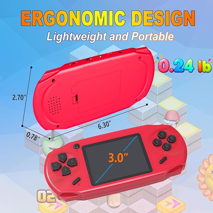 16 Bit Handheld Games for Kids Adults 3.0'' Large Screen Preloaded 220 HD Classic Retro Video Games USB Rechargeable Seniors Electronic Game Player Birthday Xmas Present (Red)