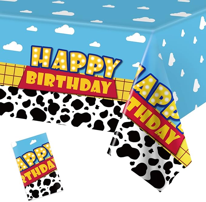 Ragnhild 1 Pack Cartoon Story Birthday Party Supplies, Cow Pattern Printed Table Cover Blue Sky and White Cloud Tablecloths Cow Birthday Decoration for Boy Girl Kid Party Decor, 54 x 108 inch
