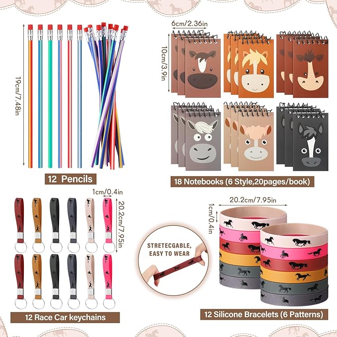 Liliful 114 Pcs Horse Themed Party Favor Supplies with Drawstring Bag Keychain Rubber Wristbands Badges Puzzle Stickers Notepads Soft Pencils Simulated for Horses Party Decoration