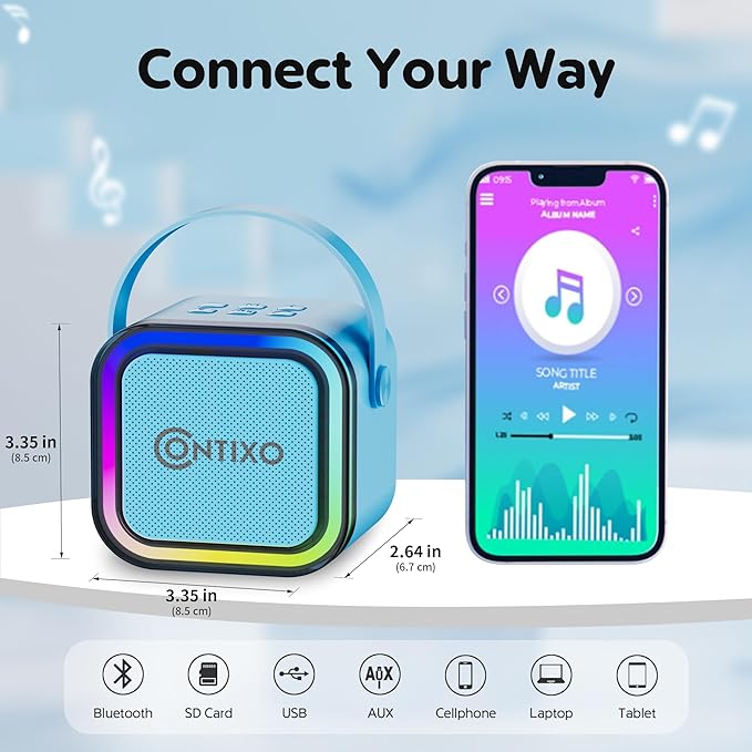 Contixo KS1 Mini Karaoke Machine for Kids, Portable Bluetooth Speaker with 2 Wireless Microphones & Dynamic Lights for Boys & Girls, Home Party Entertainment Toy (Blue)