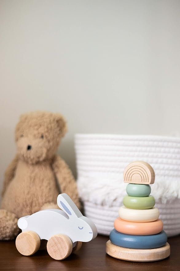 Pearhead Montessori Wooden Bunny Push-Pull Toy for Toddlers – Baby Easter Basket, Easter Bunny Gift for Toddlers, Gray Rolling Rabbit Encourages Motor Skills & Imaginative Play, 12M+