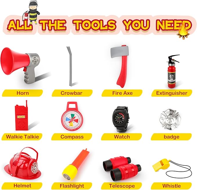 deAO Fireman Costume for Kids, 13 Pcs Fire Fighter with Toys Accessories Set with Washable Storage and Extinguisher, Kids Fireman Dress Up Clothes Pretend Play Toy Birthday Gifts for Boys Girls