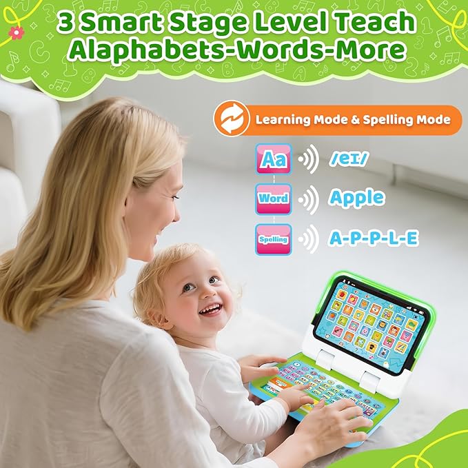 Learning Toy for Kids 1 2 3 Year Old Boys Girls, Learning Laptop for Toddlers 1-3, Interactive Educational Toys with Music Sounds Lights, Christmas Birthday Gifts for Baby Kids Age 12-18 Months, Green