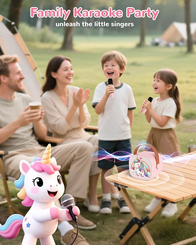 Mini Karaoke Machine for Kids,Portable Bluetooth Speaker with 2 Microphones,Rechargeable Battery,FM Radio,USB Playback,LED Lights for Boys & Girls Children's Gifts-Pink Pony
