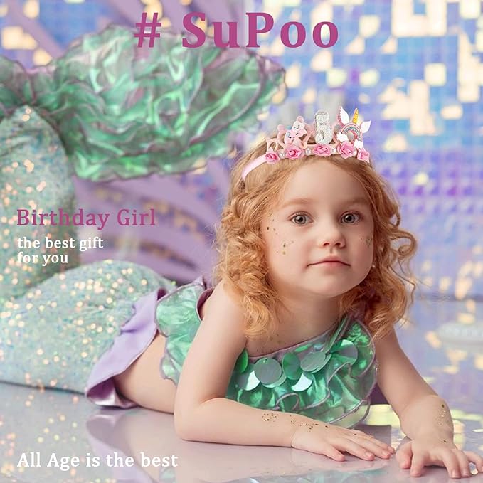 SuPoo 5th Birthday Headband - Pink Flower Crown for Girls' 5th Birthday Party - Cute Princess Tiara Accessory Gift