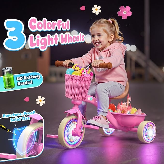 Toddler Tricycle for 1-3 3-5 Year Olds, 2 3 4 5 Year Old Girl Birthday Gifts, Pink Toddler Baby Bike, Outdoor Riding Toys for Ages 2-4, 4-Level Adjustable Seat, 3 Color Light Wheels, 2 Baskets
