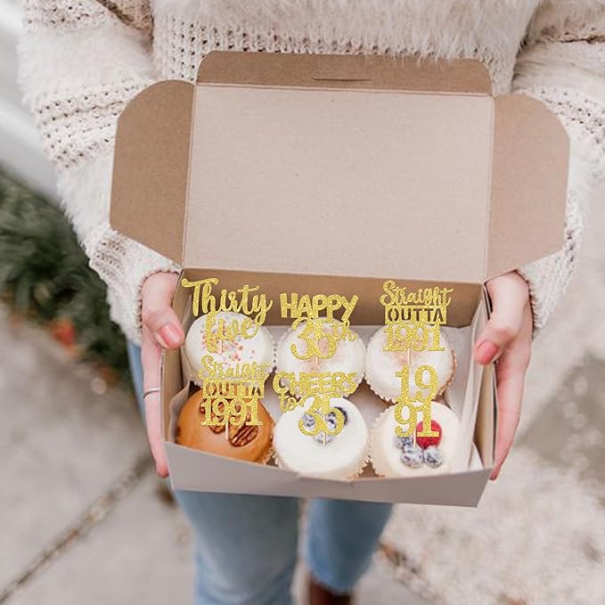 30PCS Straight Outta 1991 Cupcake Toppers Gold Glitter Thirty Five Happy 35th Birthday Cupcake Picks Cheers to 35 Years Cake Decorations for 35th Birthday Anniversary Party Decoration Supplies