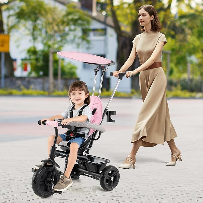 BABY JOY Toddler Tricycle, 7 in 1 Push Trike w/Adjustable Canopy, Parent Push Handle, Seat & Footrests, 5-Point Safety Harness and All-Terrain EVA Wheels, Kids Stroller Bike for 9-60 Months (Pink)