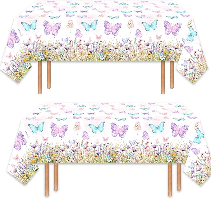 2 Pack Butterfly Tablecloth Birthday Party Decorations for Spring Butterfly Theme Girls Baby Shower 1st 2nd 3rd 4th Birthday Party Table Supplies Favors, 108 x 54 Inch