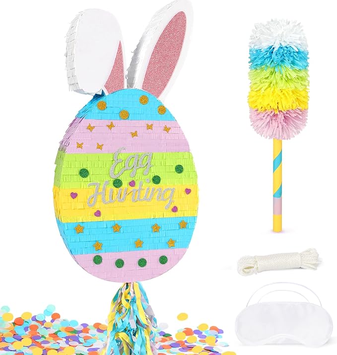 25" Easter Decorations Pinata Bunny Egg Piñata with Blindfold, Bat and Filler, Funny Cute Party Favors for Cute Birthday Pinata Egg Theme Kids and Adults Party Supplies Decoration