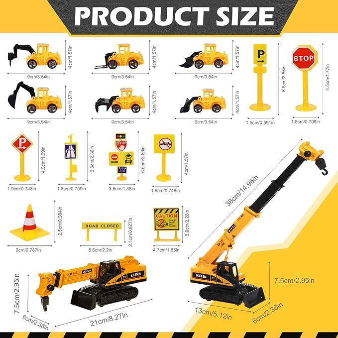 RAYNAG 16 Pieces Construction Cake Topper Vehicles Cake Decoration Set Construction Birthday Party Supplies Large Crane Excavator Traffic Road Sign Cake Topper for Birthday Party Supplies Favours