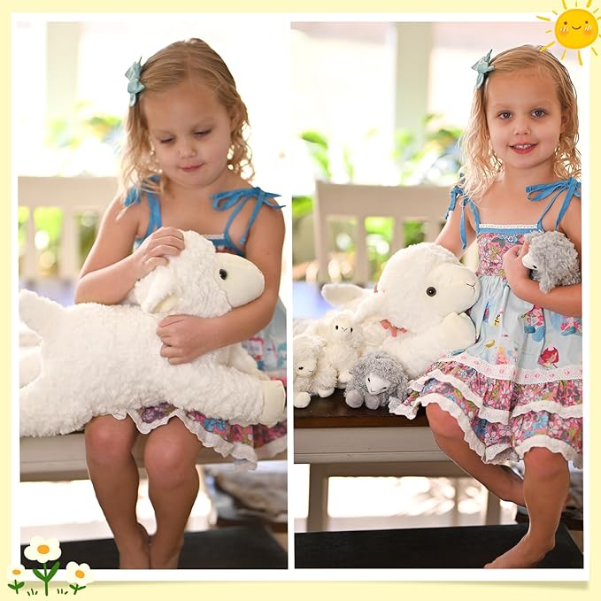 5Pcs Lamb Stuffed Animal Set, Mommy Lamb Plush 20 Inch with 4 Baby Lambs in Her Zippered Tummy, Stuffed Sheep Plushie Toy for Girls Boys and Kids