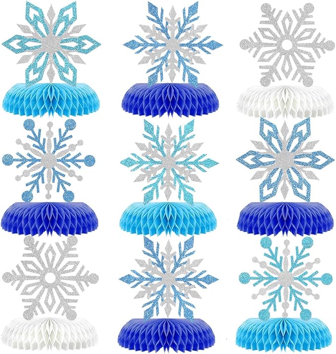 9Pcs Winter Wonderland Decorations 3D Snowflake Honeycomb Table Centerpieces for Frozen Winter Blue White Theme Christmas Baby Shower Birthday Party Supplies (Snowflake)