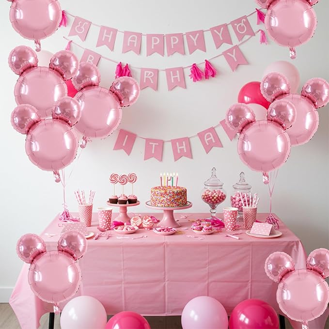 Vuzvuv 12pcs 24 Inches Mouse Head Foil Balloons, Pink Mouse Shaped Balloon for Birthday Party, Baby Shower,Theme Party Decoration,Graduation Party Supplies