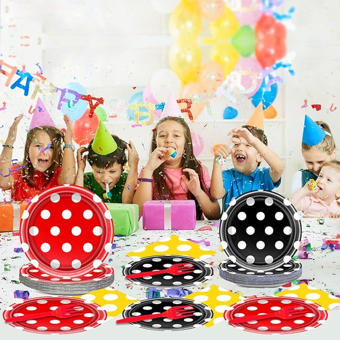 Red And Yellow Polka Dots Party Paper Plates and Napkins Set Polka Dots Party Cake Dessert Plates Kids Birthday Gatherings Decorations