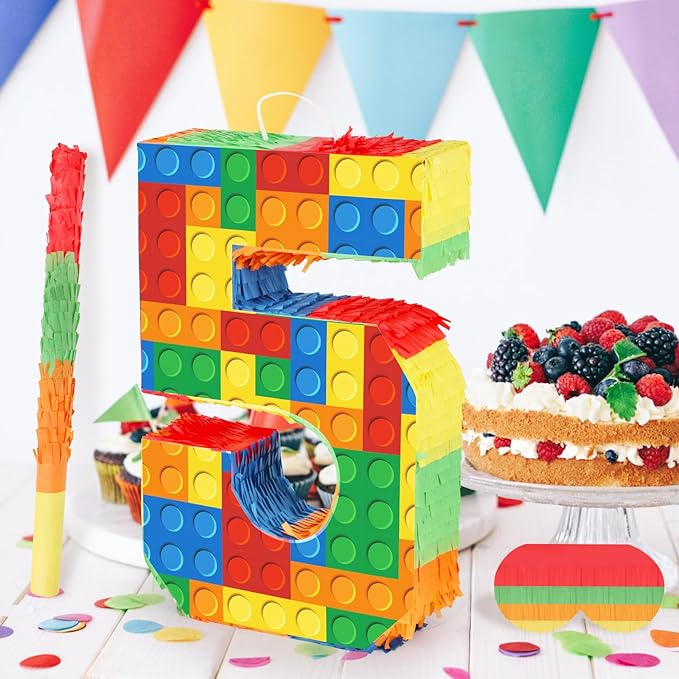 Building Blocks 5th Birthday Party Decorations Number 5 Pinata with Pinata Stick & Blindfold for Kids Girls Boys Happy Birthday Building Block Theme Party Supplies Carnival Games