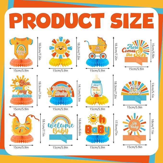 12 Pcs Here Comes The Son Baby Shower Decorations Honeycomb Centerpieces Welcome Here Comes The Son Table Decoration Sunshine Rainbow Bottle Stroller Table Topper for Baby Shower Party Favor