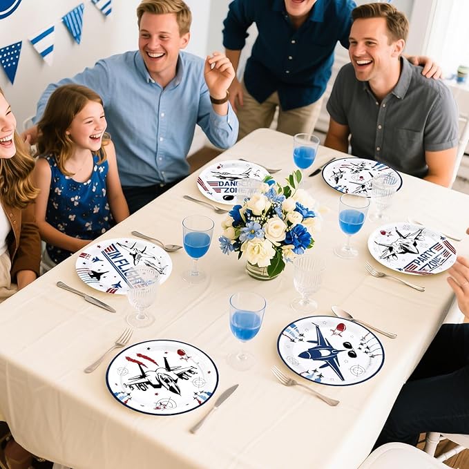 Grencian 60Pcs Fighter Jet Pilot Paper Plates 9" Disposable Heavy Duty Military Jet Dessert Paper Plates Top Air Force Gun Tableware Set for Kids Airplane Aviation Aircraft Party Decorations