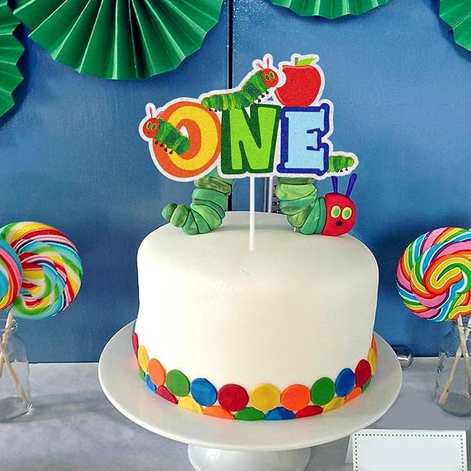 Cartoon Hungry Caterpillar One Year Old Cake Topepr, Reading Story Theme 1st Birthday Cake Decor,Summer Spring First Birthday Party Decorations for Boys Girls