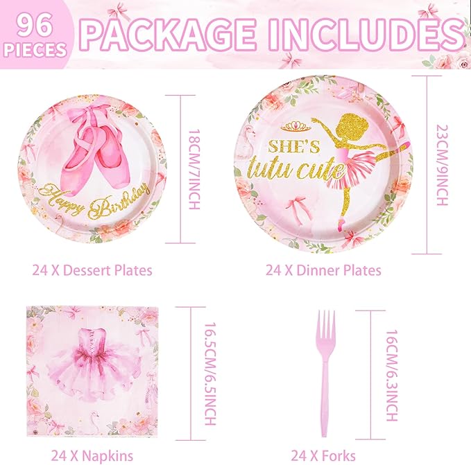 96Pcs Ballerina Birthday Party Decorations Tutu Cute Ballerina Plates and Napkins Tableware Sets Ballet Party Decorations for Girls Bday Baby Dancing Ballet Tutu Cute 2nd Birthday Supplies Serves 24