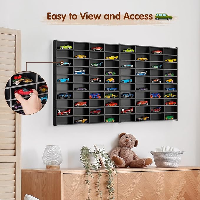 2 Pack Toy Car Display Shelf, Holds 80 Diecast 1/64 Toy Cars, Wall Mount Model Car Storage Organize Case, Black